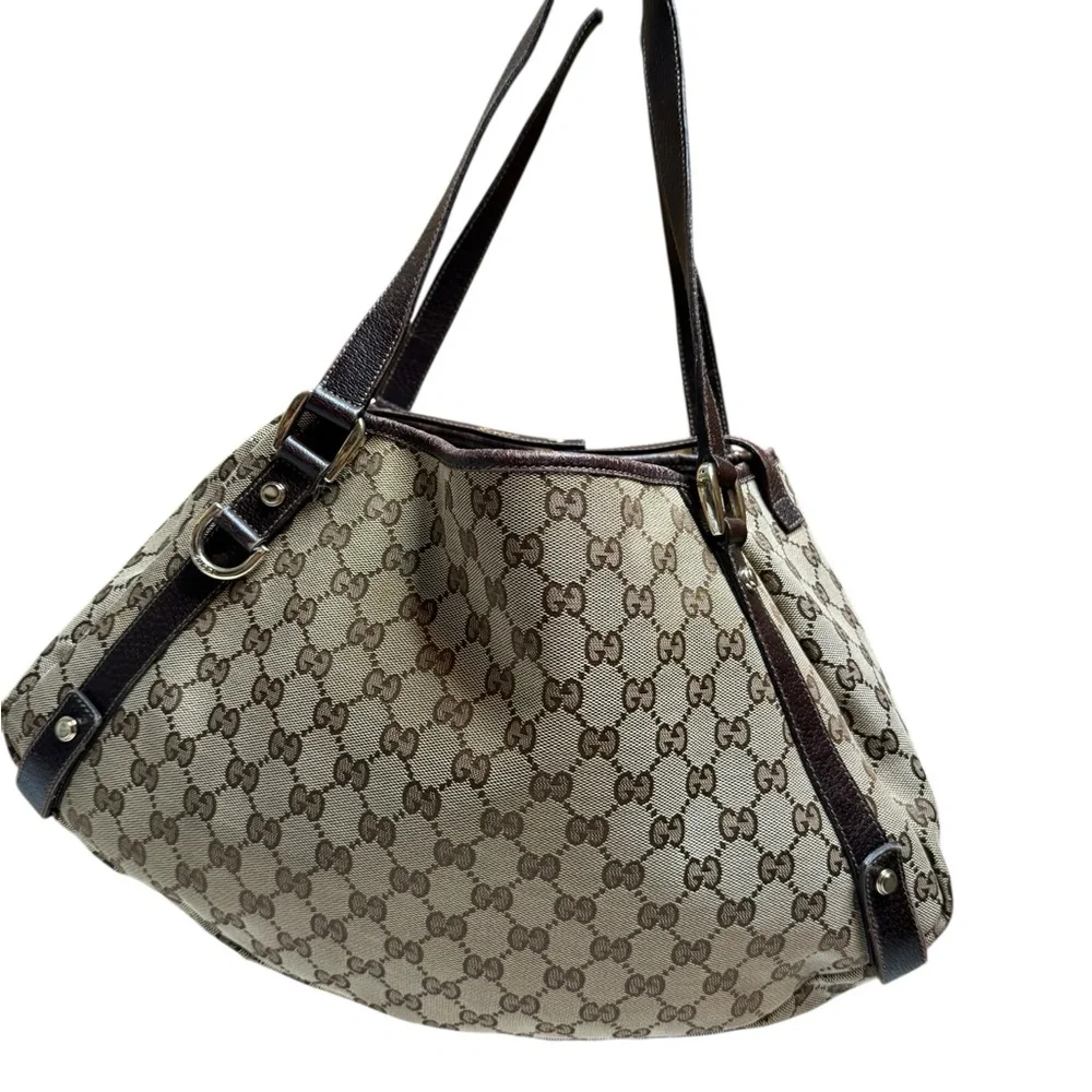 Gucci GG Canvas Brown Leather Trim Shoulder Tote Bag Gold-tone Hardware - Picture 6 of 13